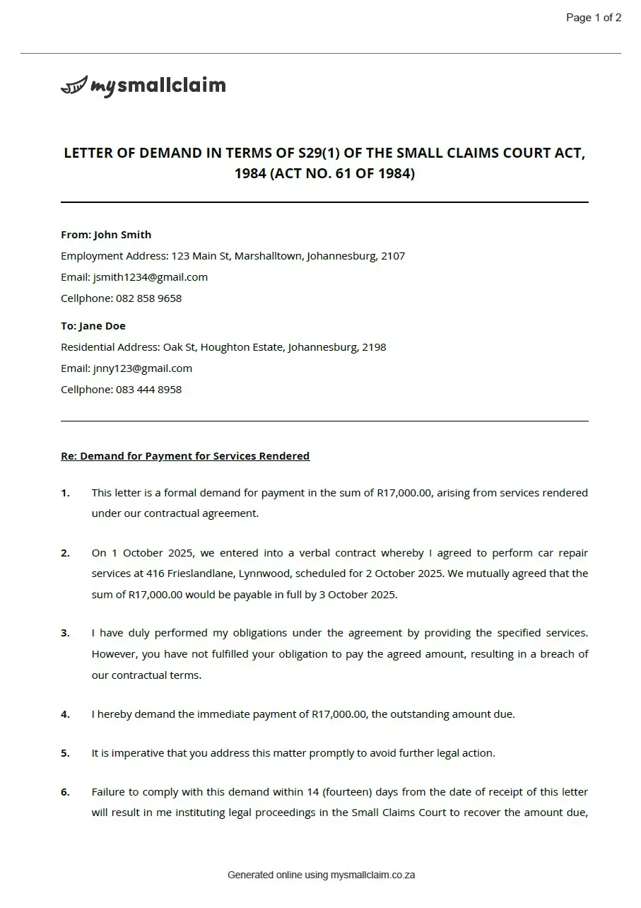 Letter of Demand - Page 1
