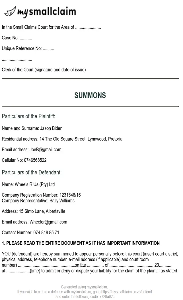 Summons Page 1 Sample