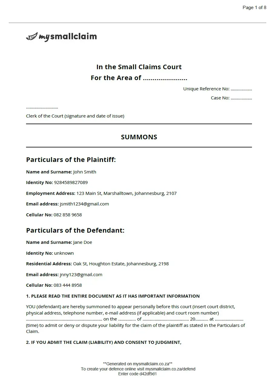 Summons - Page 1